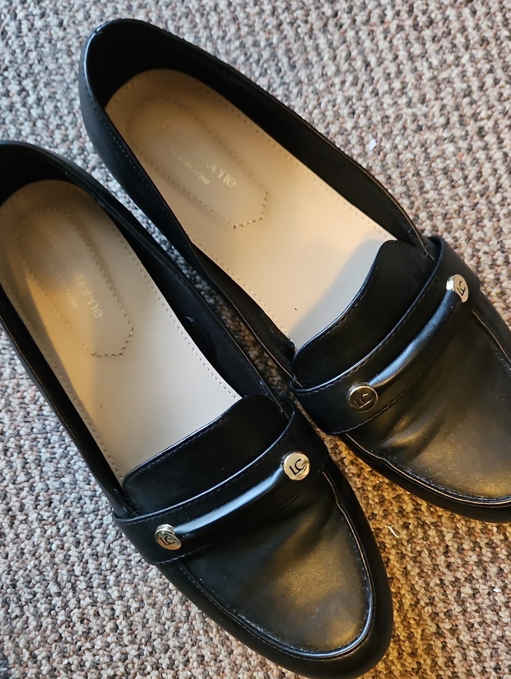 Liz Claiborne Black Slip-On Loafer Flats with Decorative Logo Hardware